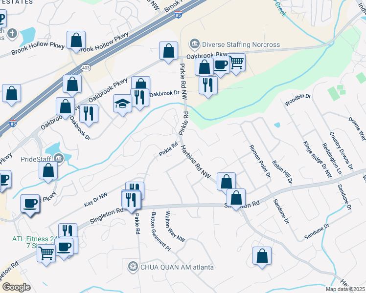 map of restaurants, bars, coffee shops, grocery stores, and more near 1581 Harbins Road in Norcross