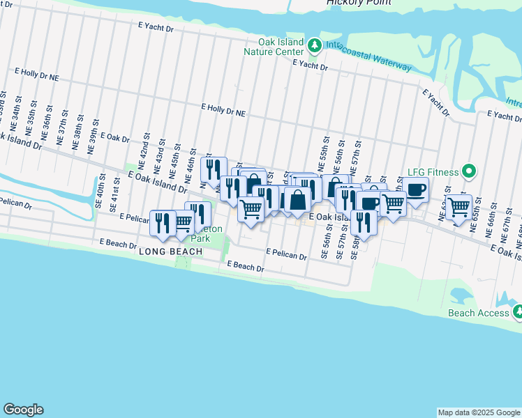 map of restaurants, bars, coffee shops, grocery stores, and more near 5016 East Oak Island Drive in Oak Island
