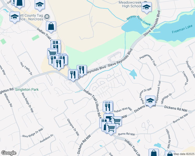 map of restaurants, bars, coffee shops, grocery stores, and more near 1100 Indian Trail Lilburn Road Northwest in Norcross