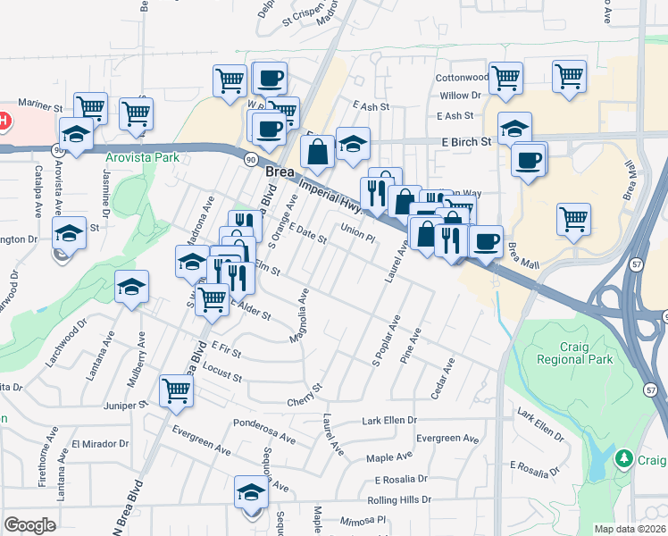 map of restaurants, bars, coffee shops, grocery stores, and more near 421 Sycamore Avenue in Brea