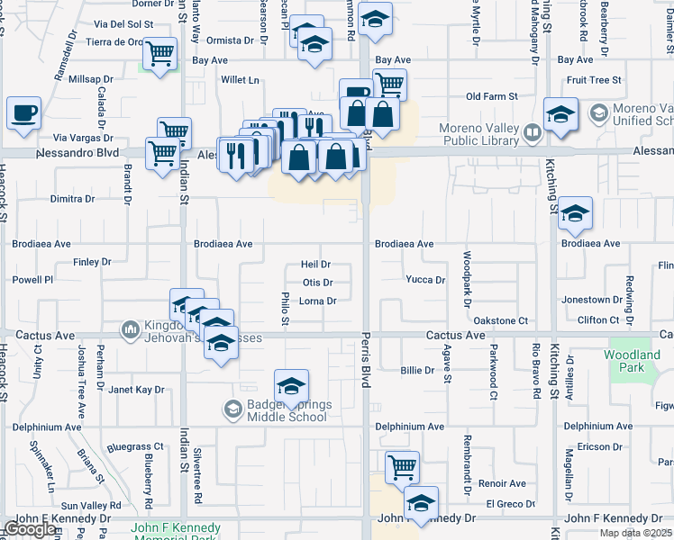 map of restaurants, bars, coffee shops, grocery stores, and more near 24931 Heil Drive in Moreno Valley