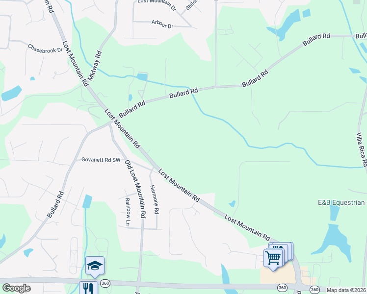map of restaurants, bars, coffee shops, grocery stores, and more near 1823 Lost Mountain Road in Powder Springs