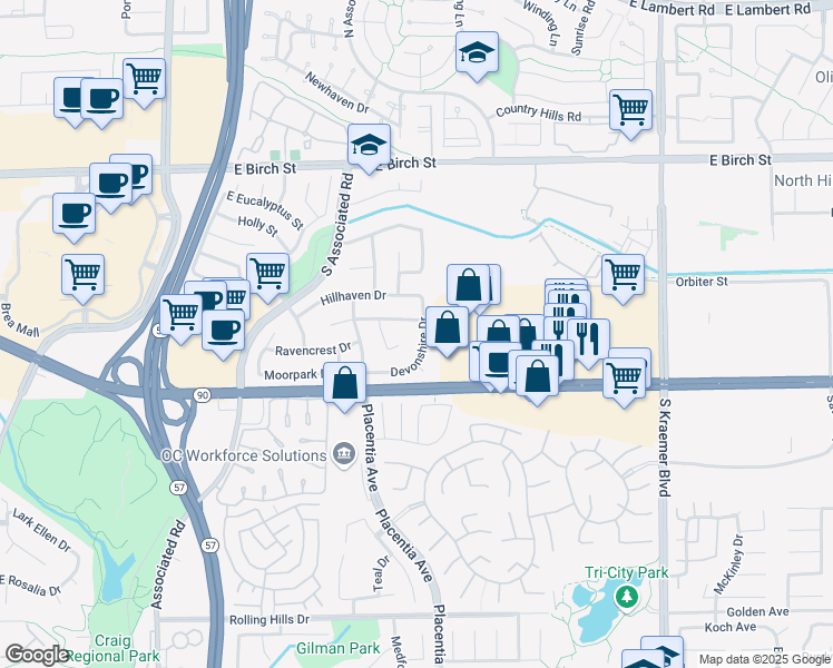 map of restaurants, bars, coffee shops, grocery stores, and more near 431 Devonshire Drive in Brea
