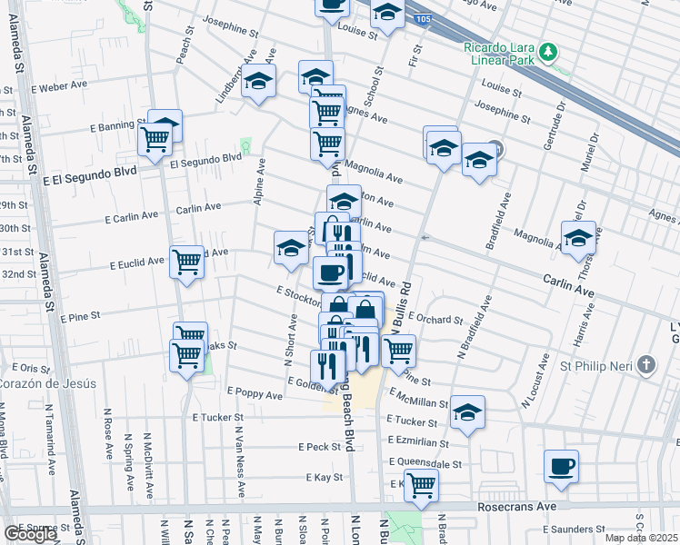 map of restaurants, bars, coffee shops, grocery stores, and more near Long Beach Blvd & Euclid St in Lynwood
