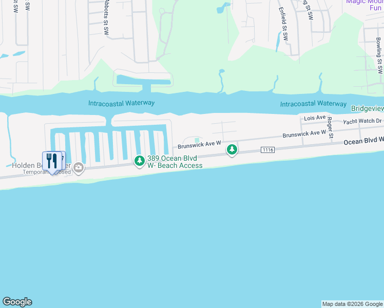 map of restaurants, bars, coffee shops, grocery stores, and more near 337-339 Ocean Boulevard West in Holden Beach