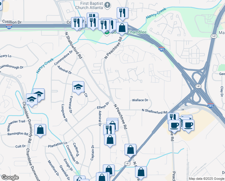 map of restaurants, bars, coffee shops, grocery stores, and more near 4046 Elm Street in Chamblee
