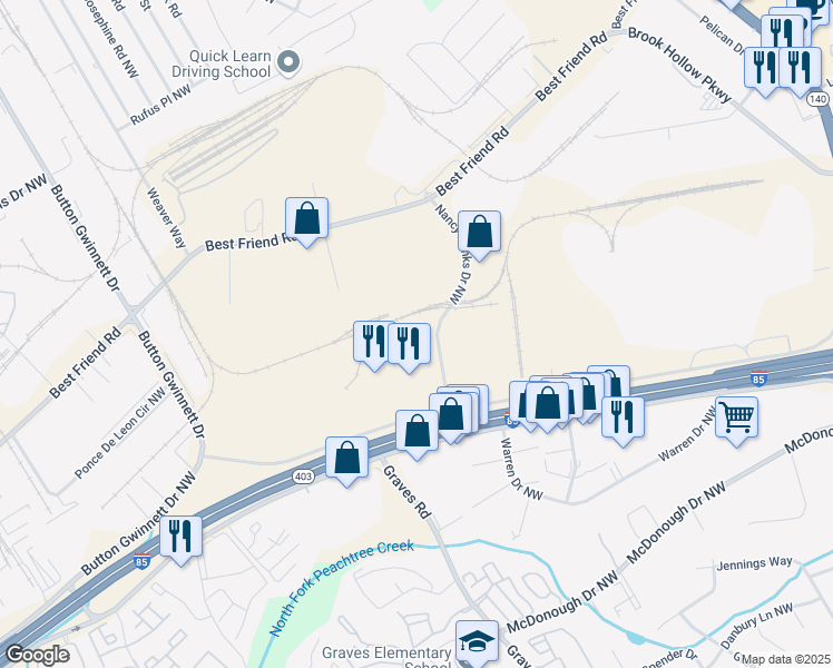map of restaurants, bars, coffee shops, grocery stores, and more near 2050 Nancy Hanks Drive Northwest in Norcross