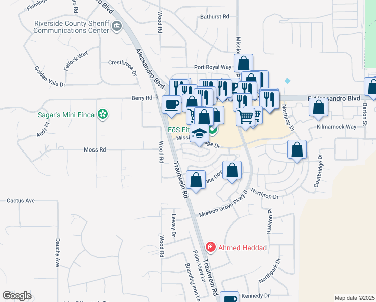 map of restaurants, bars, coffee shops, grocery stores, and more near 19121 Broken Bow Drive in Riverside