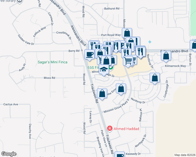 map of restaurants, bars, coffee shops, grocery stores, and more near 19148 Broken Bow Drive in Riverside