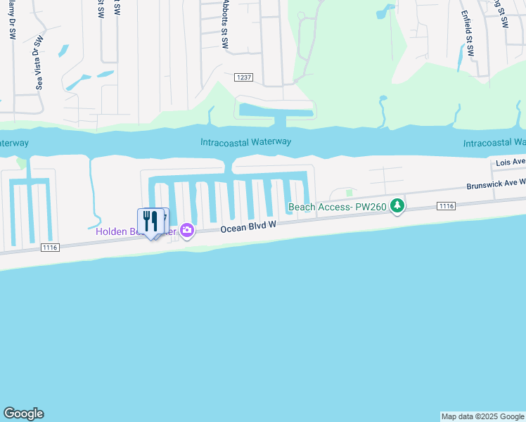 map of restaurants, bars, coffee shops, grocery stores, and more near 112 Raleigh Street in Holden Beach