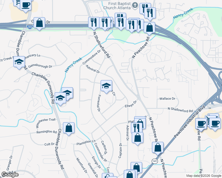 map of restaurants, bars, coffee shops, grocery stores, and more near 2157 Seaman Circle in Atlanta