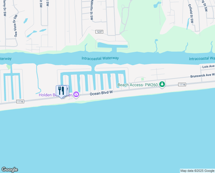 map of restaurants, bars, coffee shops, grocery stores, and more near 112 Raleigh Street in Holden Beach