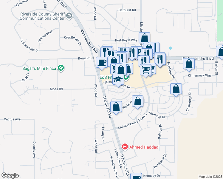 map of restaurants, bars, coffee shops, grocery stores, and more near 19121 Broken Bow Drive in Riverside