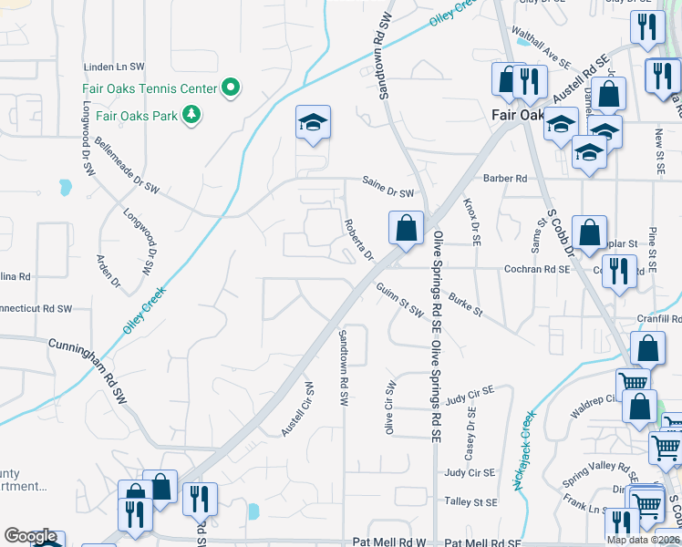 map of restaurants, bars, coffee shops, grocery stores, and more near 1696 Austell Road Southwest in Marietta