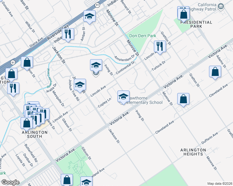 map of restaurants, bars, coffee shops, grocery stores, and more near 2700 Irving Street in Riverside