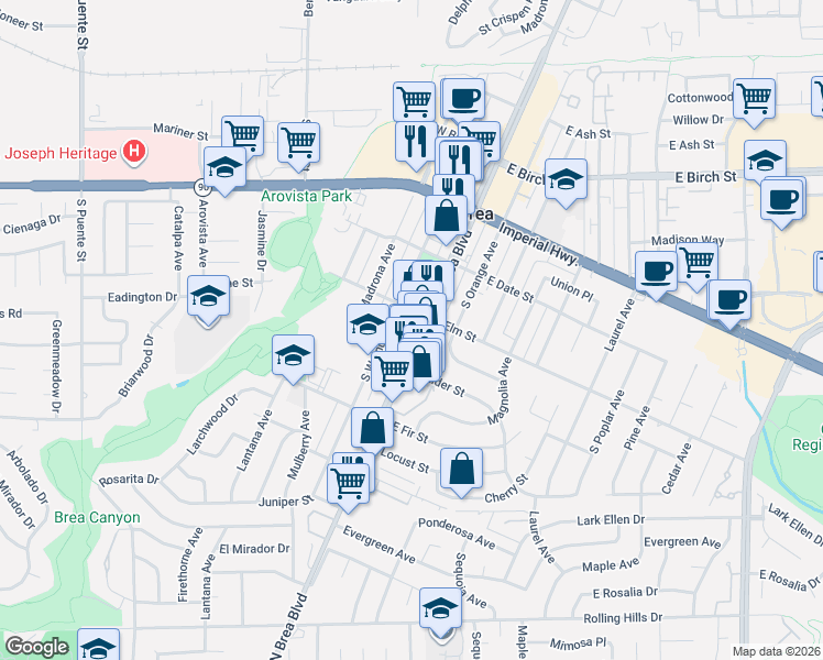 map of restaurants, bars, coffee shops, grocery stores, and more near 535 South Brea Boulevard in Brea