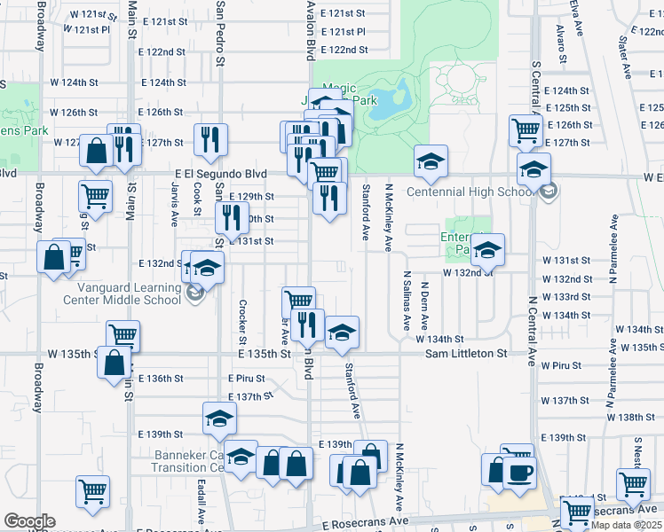 map of restaurants, bars, coffee shops, grocery stores, and more near 13232 South Avalon Boulevard in Los Angeles