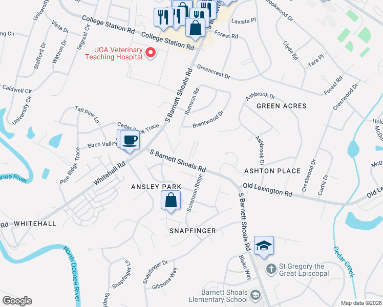 map of restaurants, bars, coffee shops, grocery stores, and more near 2925 South Barnett Shoals Road in Athens