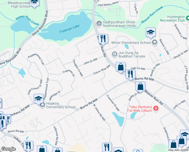 map of restaurants, bars, coffee shops, grocery stores, and more near 4476 Casco Way Northwest in Lilburn