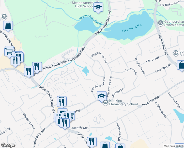 map of restaurants, bars, coffee shops, grocery stores, and more near 1026 Park Forest Trail Northwest in Lilburn