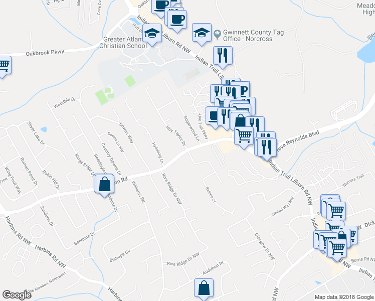 map of restaurants, bars, coffee shops, grocery stores, and more near 6126 Rockbridge School Road Northwest in Norcross