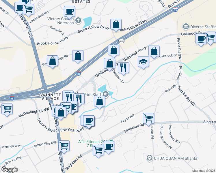 map of restaurants, bars, coffee shops, grocery stores, and more near 1660 Oakbrook Lake Drive Northwest in Norcross