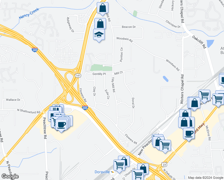 map of restaurants, bars, coffee shops, grocery stores, and more near 4047 Eula Circle in Doraville