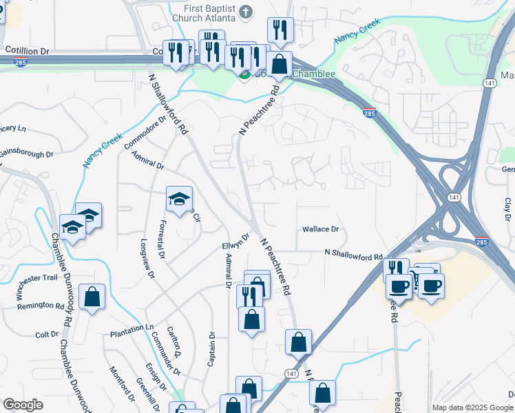 map of restaurants, bars, coffee shops, grocery stores, and more near 4046 Elm Street in Chamblee