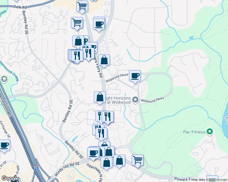 map of restaurants, bars, coffee shops, grocery stores, and more near 1604 Rivergreen Lane in Atlanta