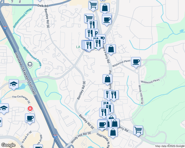map of restaurants, bars, coffee shops, grocery stores, and more near 2901 Torreya Way Southeast in Marietta