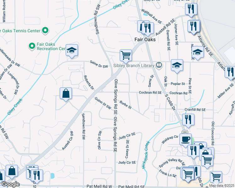 map of restaurants, bars, coffee shops, grocery stores, and more near 1728 Olive Springs Road Southeast in Marietta