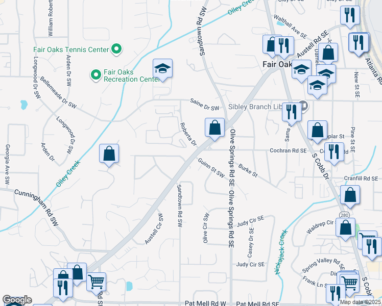 map of restaurants, bars, coffee shops, grocery stores, and more near 1695 Austell Road Southwest in Marietta