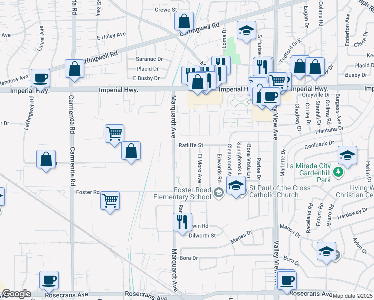map of restaurants, bars, coffee shops, grocery stores, and more near 13007 Duffield Avenue in La Mirada