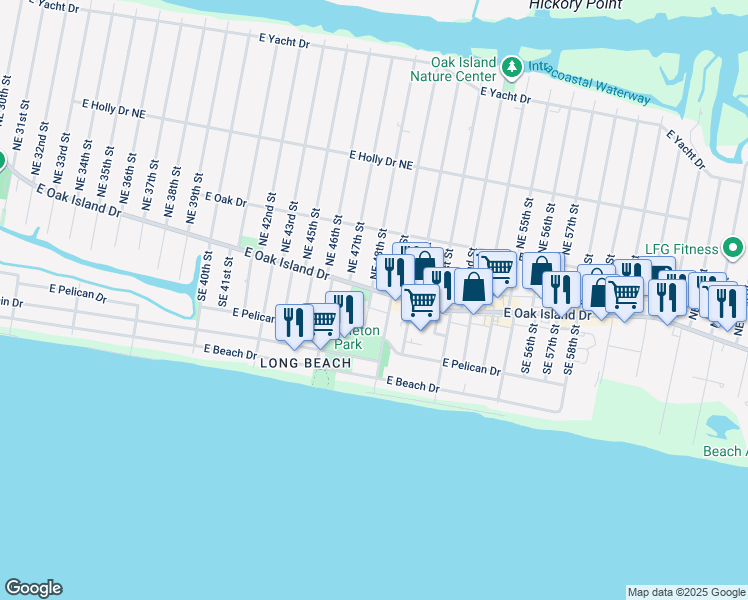 map of restaurants, bars, coffee shops, grocery stores, and more near 4801 East Oak Island Drive in Oak Island