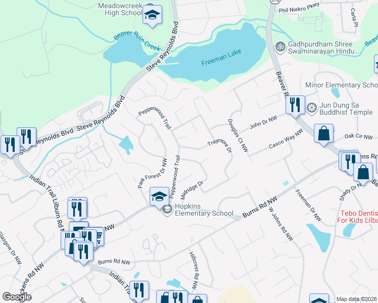 map of restaurants, bars, coffee shops, grocery stores, and more near 4579 Midridge Drive in Norcross