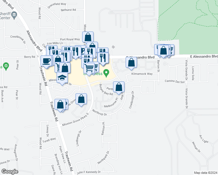 map of restaurants, bars, coffee shops, grocery stores, and more near 19558 Perth Lane in Riverside