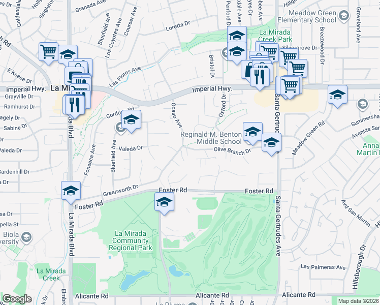 map of restaurants, bars, coffee shops, grocery stores, and more near 15420 Olive Branch Drive in La Mirada