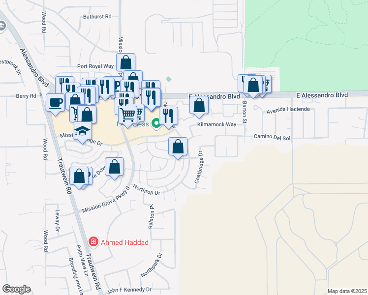 map of restaurants, bars, coffee shops, grocery stores, and more near 7630 Canberra Way in Riverside