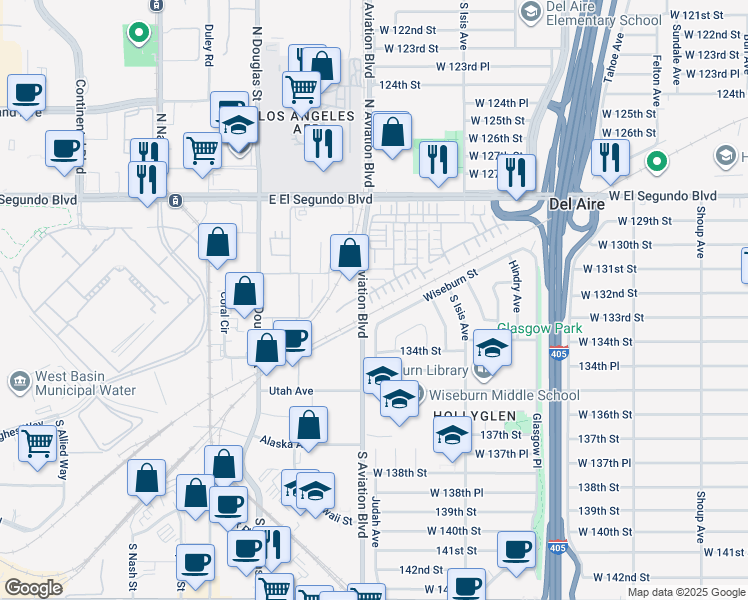 map of restaurants, bars, coffee shops, grocery stores, and more near 5580 Palm Drive in Hawthorne