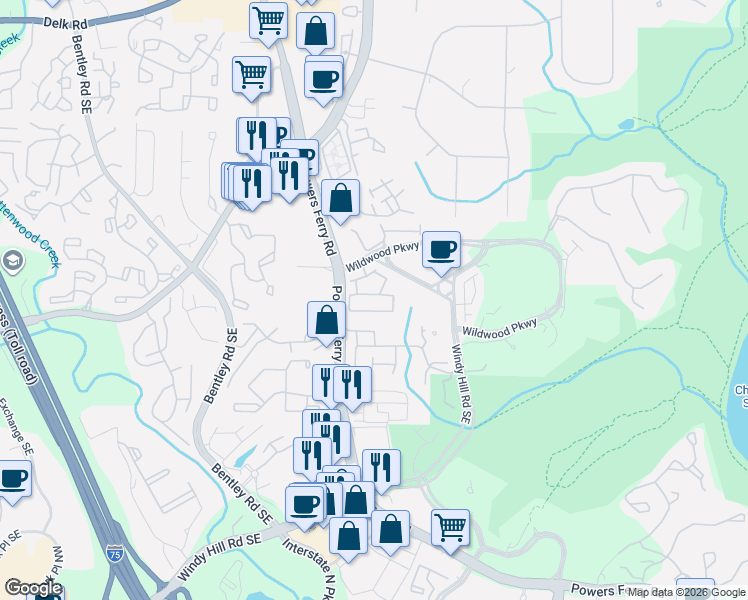 map of restaurants, bars, coffee shops, grocery stores, and more near 1604 Rivergreen Lane in Atlanta