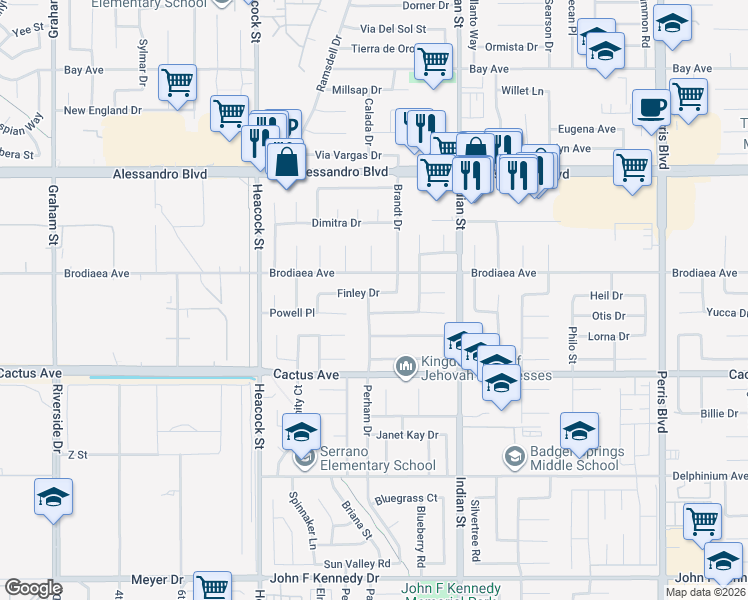 map of restaurants, bars, coffee shops, grocery stores, and more near 24331 Finley Drive in Moreno Valley
