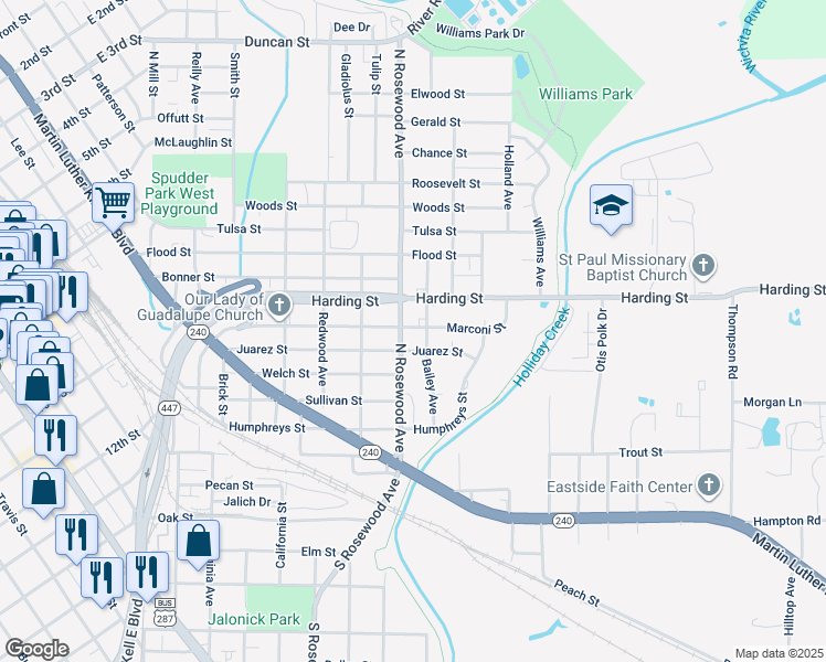 map of restaurants, bars, coffee shops, grocery stores, and more near 503 North Rosewood Avenue in Wichita Falls