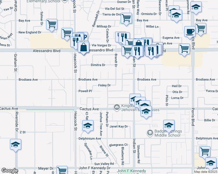 map of restaurants, bars, coffee shops, grocery stores, and more near 24331 Finley Drive in Moreno Valley