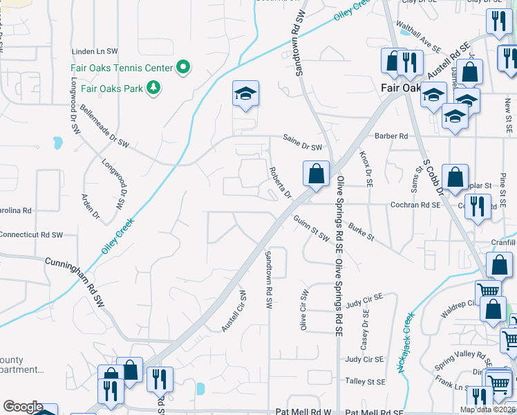 map of restaurants, bars, coffee shops, grocery stores, and more near 1696 Austell Road Southwest in Marietta