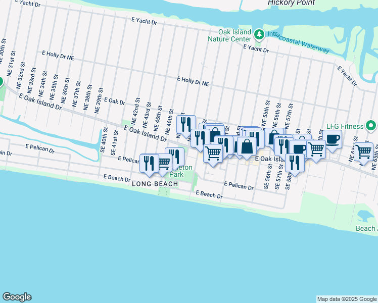 map of restaurants, bars, coffee shops, grocery stores, and more near 4801 East Oak Island Drive in Oak Island