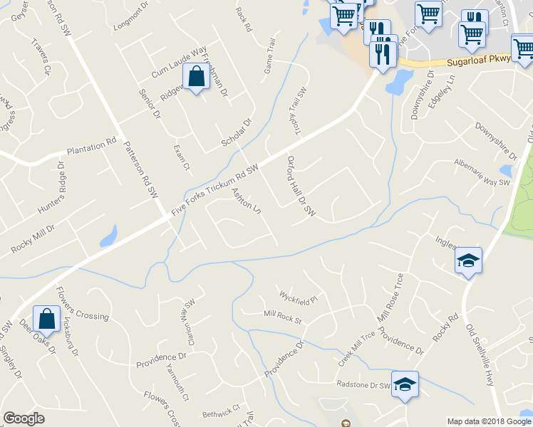 map of restaurants, bars, coffee shops, grocery stores, and more near 700 Ashton Lane in Lawrenceville