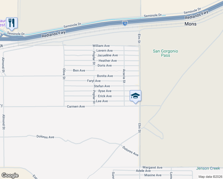 map of restaurants, bars, coffee shops, grocery stores, and more near Ilyse Avenue in Cabazon