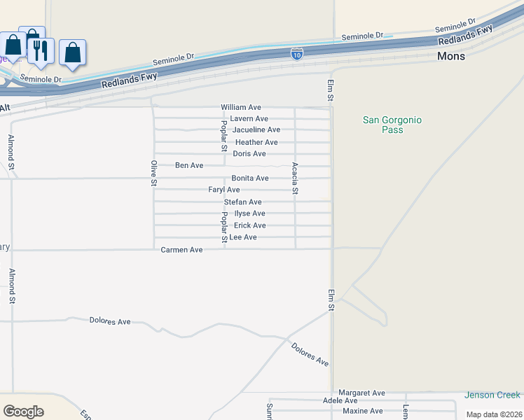 map of restaurants, bars, coffee shops, grocery stores, and more near Ilyse Avenue in Cabazon