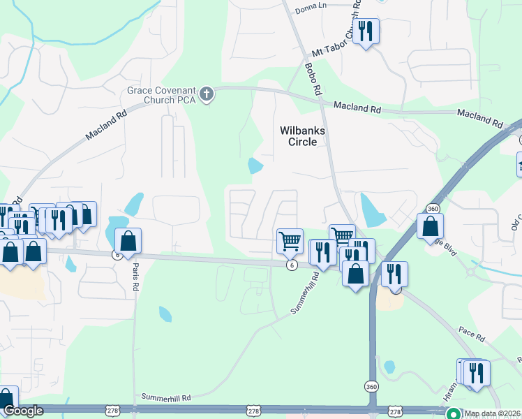 map of restaurants, bars, coffee shops, grocery stores, and more near 47 Topaz Drive in Dallas