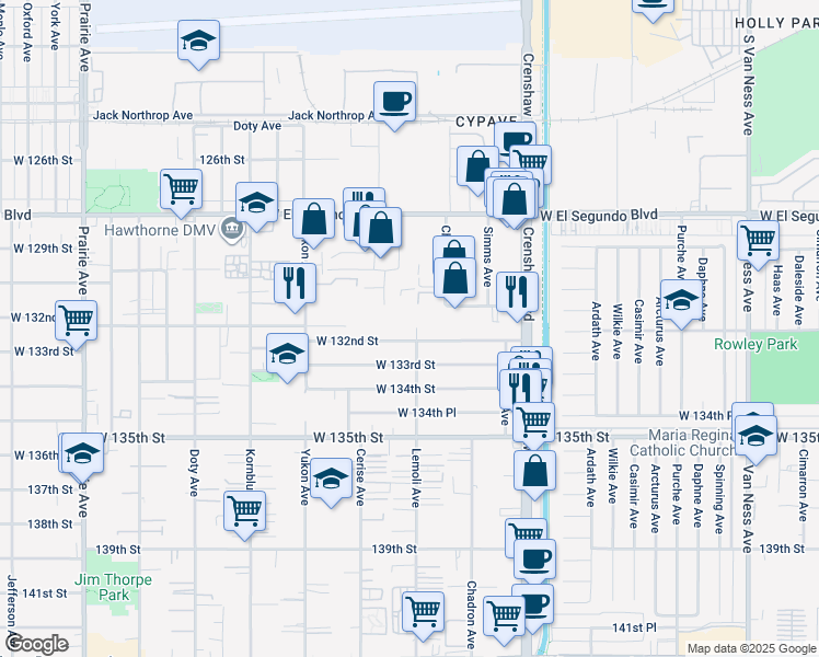map of restaurants, bars, coffee shops, grocery stores, and more near 13113 Lemoli Avenue in Hawthorne
